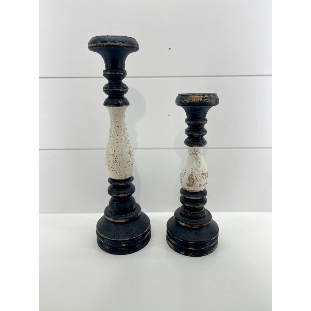 Farmhouse Chunky Wood Candle Holders Black White Distressed Pair Two Home‎ Decor